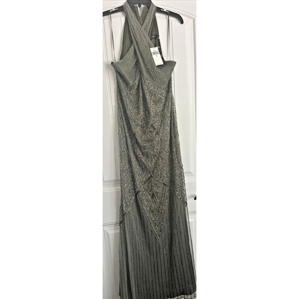 Lauren Ralph Lauren Women's Beaded Mesh Sleeveless Halter Gown Olive Green 10 - Picture 2 of 13